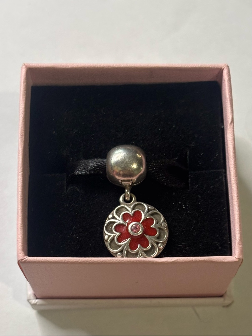 Pandora Silver Red Enamel Oriental Bloom Flower Clip Charm 791829CZ - Picture 2 of 3